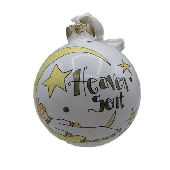 Cute As A Button Glass Christmas Ornament Signed Heaven Sent New Baby 4 Inch - Picture 1 of 16